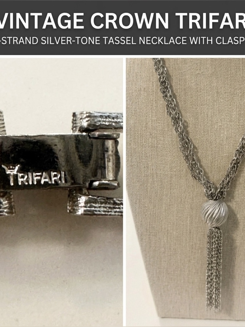 Crown Trifari Silver Tone Multi-Strand Tassel Necklace Textured Ball